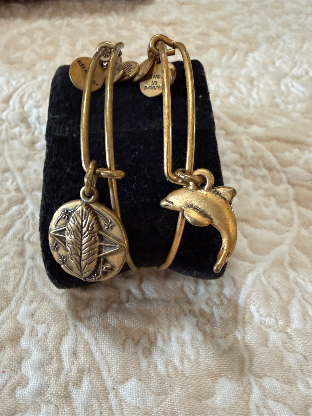 Alex and Ani Gold-Tone Dolphin and Leaf Charm Bangle Duo